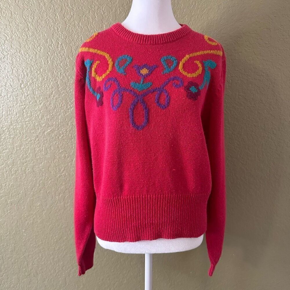 Vintage Size L Art Deco Pullover Sweater Floral Swirl Retro 90s Whimsical Granny